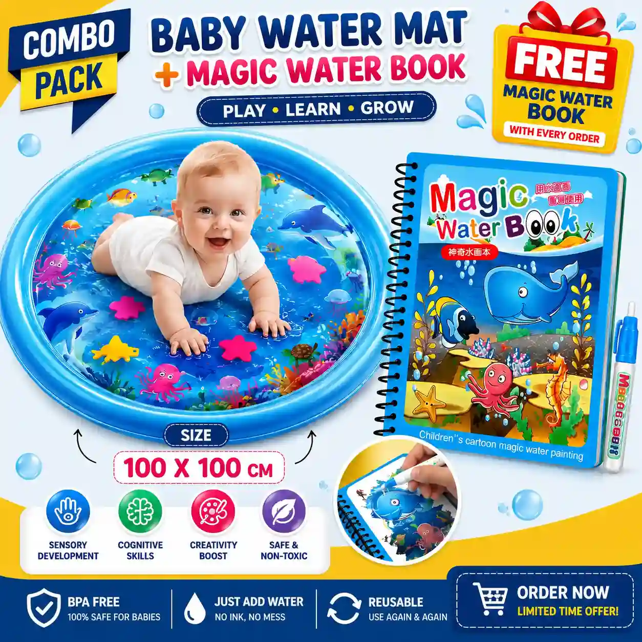 ChatGPT Image Jun 13, 2026, 01_15_38 AM বড়(100x100cm)Baby Water Mat + Magic Water Book Free - Image 1